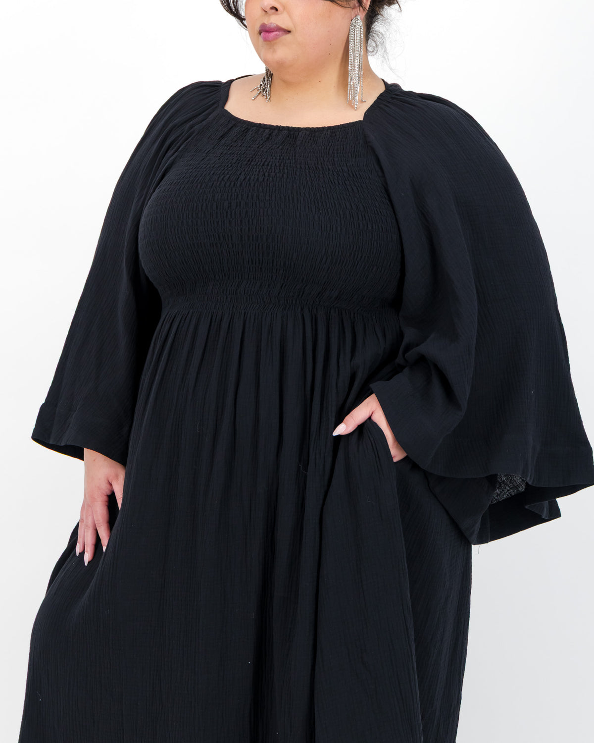 Black Shirring Maxi Dress