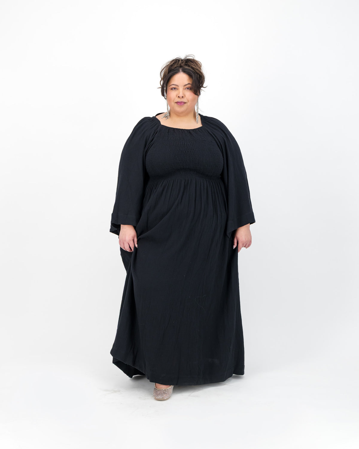 Black Shirring Maxi Dress