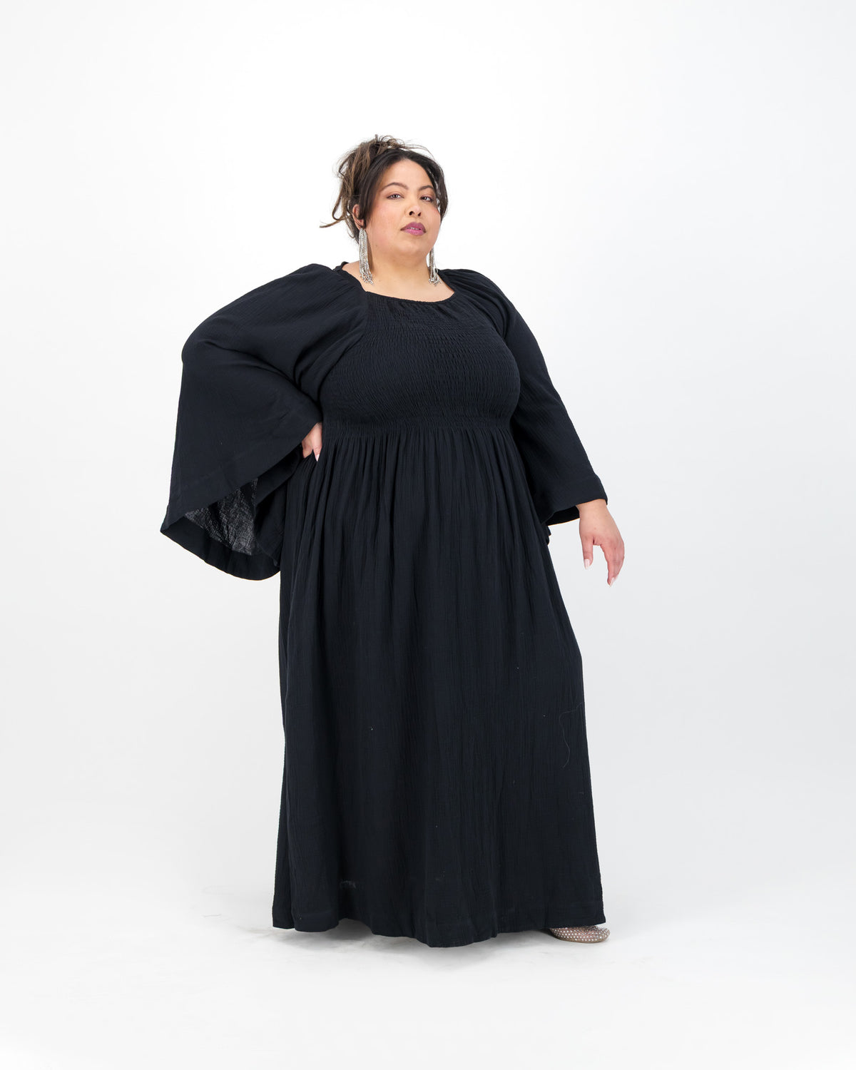 Black Shirring Maxi Dress