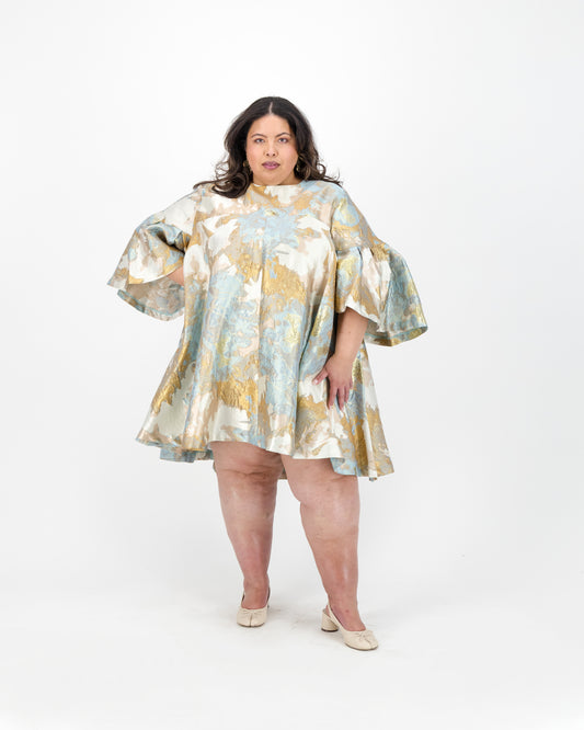 Blue & Gold Brocade Mini Dress