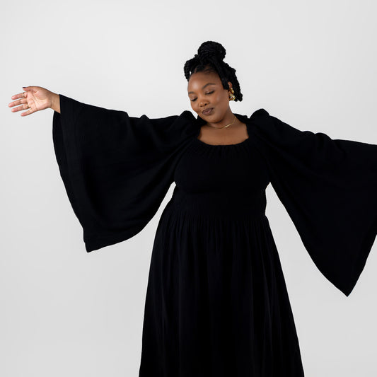 Black Shirring Maxi Dress