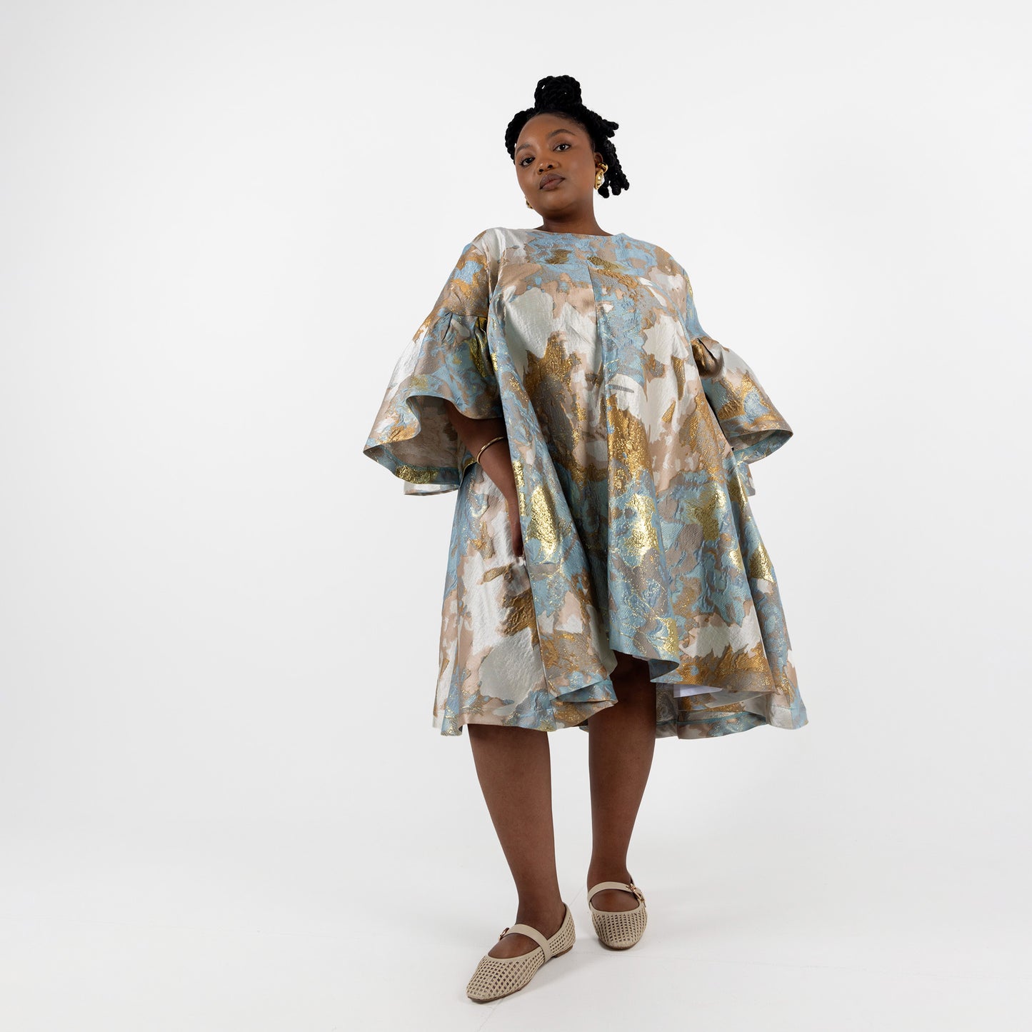 Blue & Gold Brocade Mini Dress