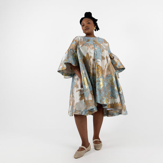 Blue & Gold Brocade Mini Dress